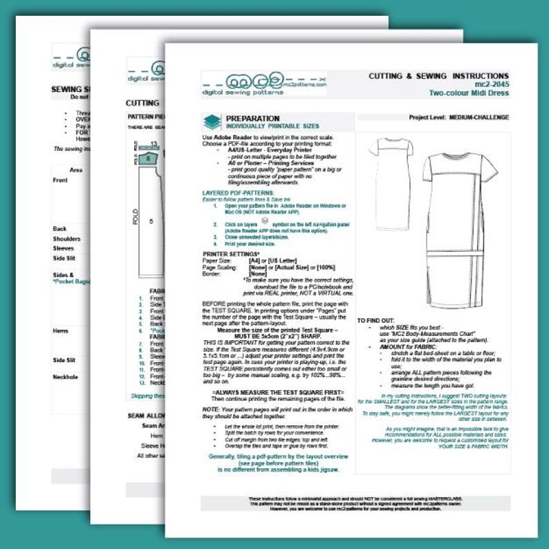 Shift Dress Sewing Pattern: Sleeves Loose-fit Pockets (Digital PDF Download) S-2XL