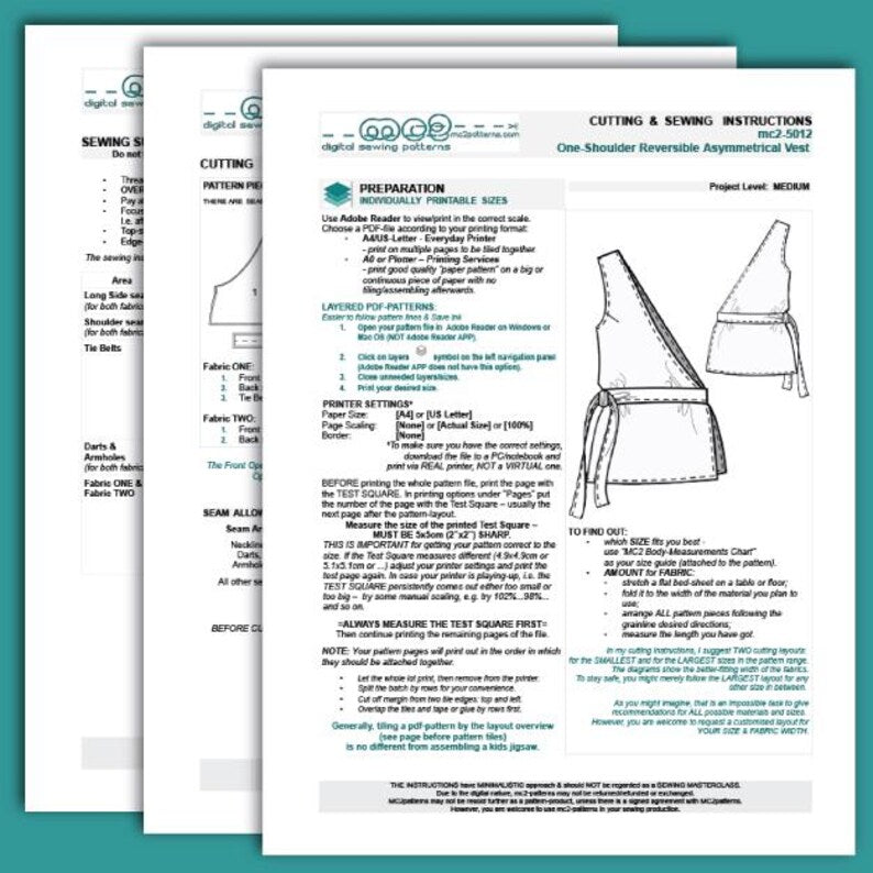 Asymmetrical Vest Sewing Pattern: One-shoulder Reversible (Digital PDF Download) S-2XL