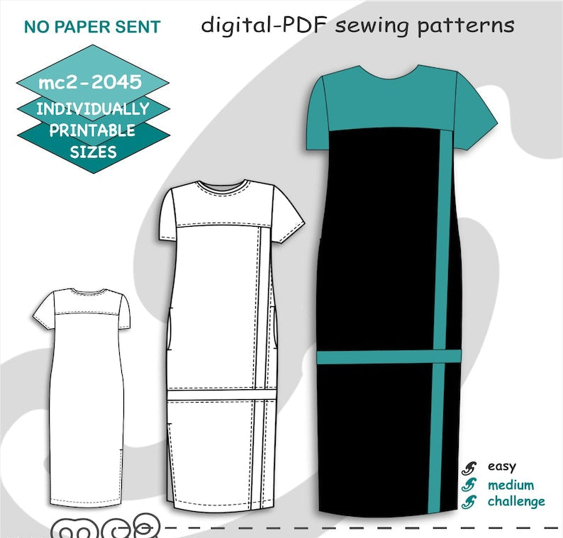 Shift Dress Sewing Pattern: Sleeves Loose-fit Pockets (Digital PDF Download) S-2XL