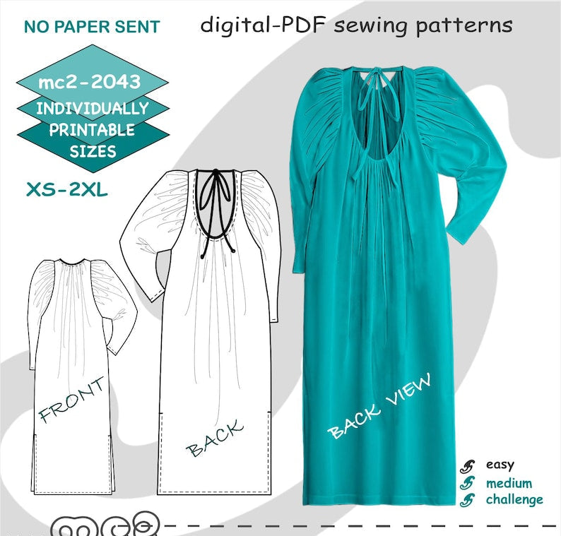 Open-back Boho Dress Sewing Pattern: Peasant-style  (Digital PDF Download) XS-2XL